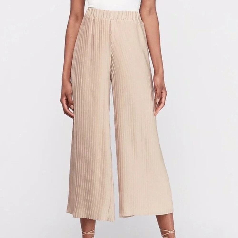 Express Beige Pleated High Rise Wide Leg Crop Pull On Elegant Chic Pants M
